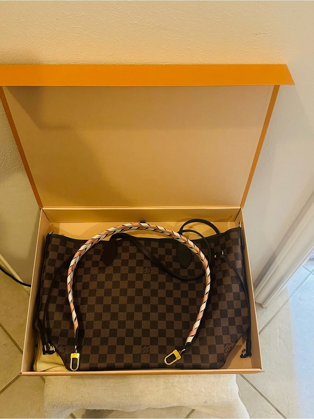 Louis Vuitton Brown Damier mm Canvas Tote with Pink Chevron Strap